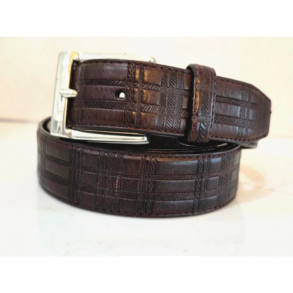 Brighton Leather Belt Size 42 Brown Embossed Plaid Silver Buckle M11048 Mens
